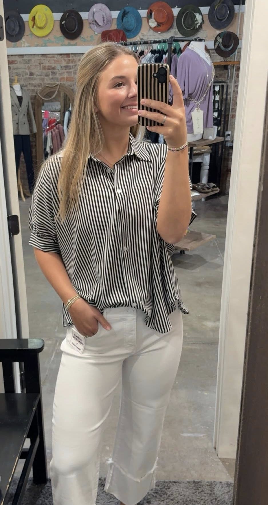 Katie Black and White Stripe Button Up Blouse