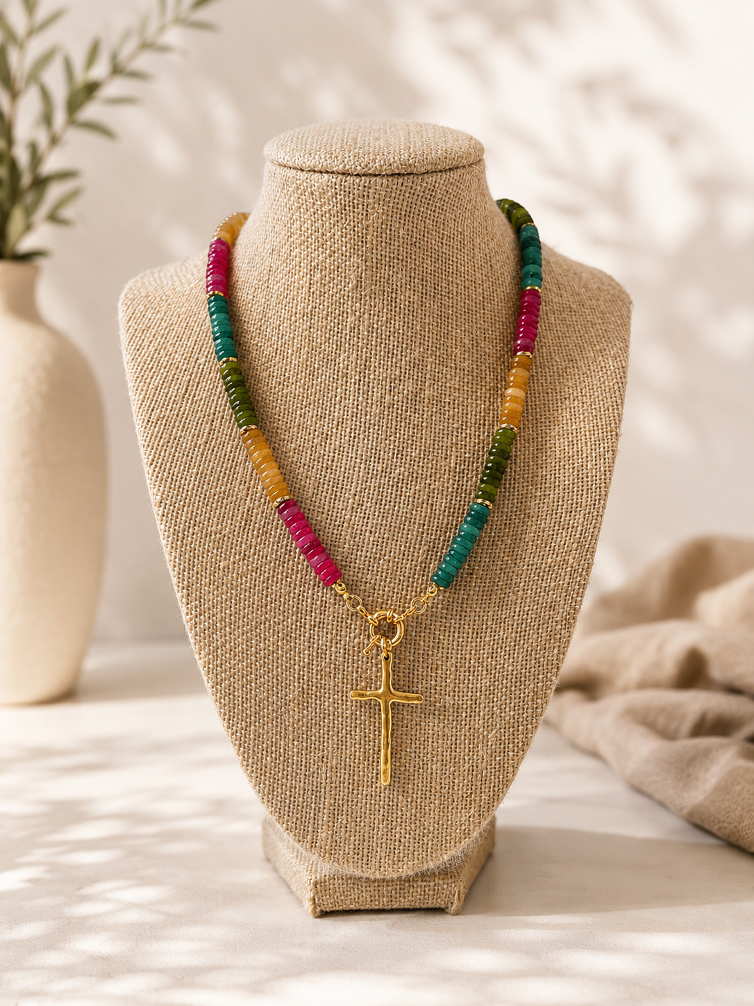 Genuine stone necklace with cross