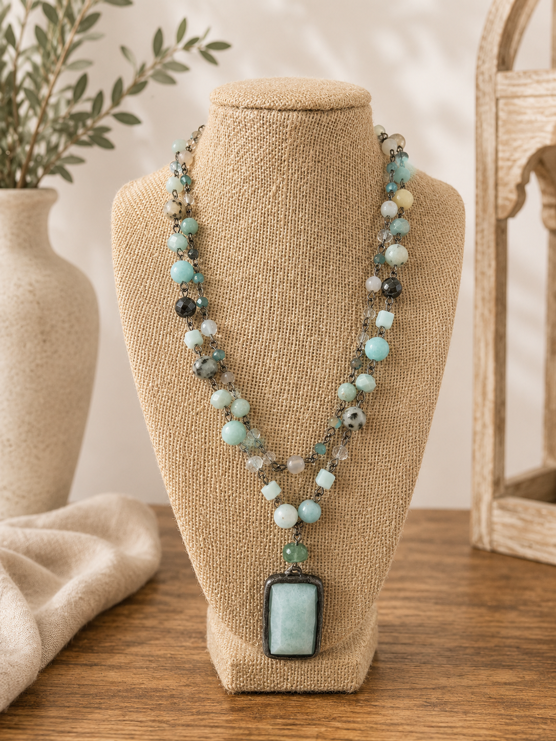 genuine stone light turquoise mint layered necklace