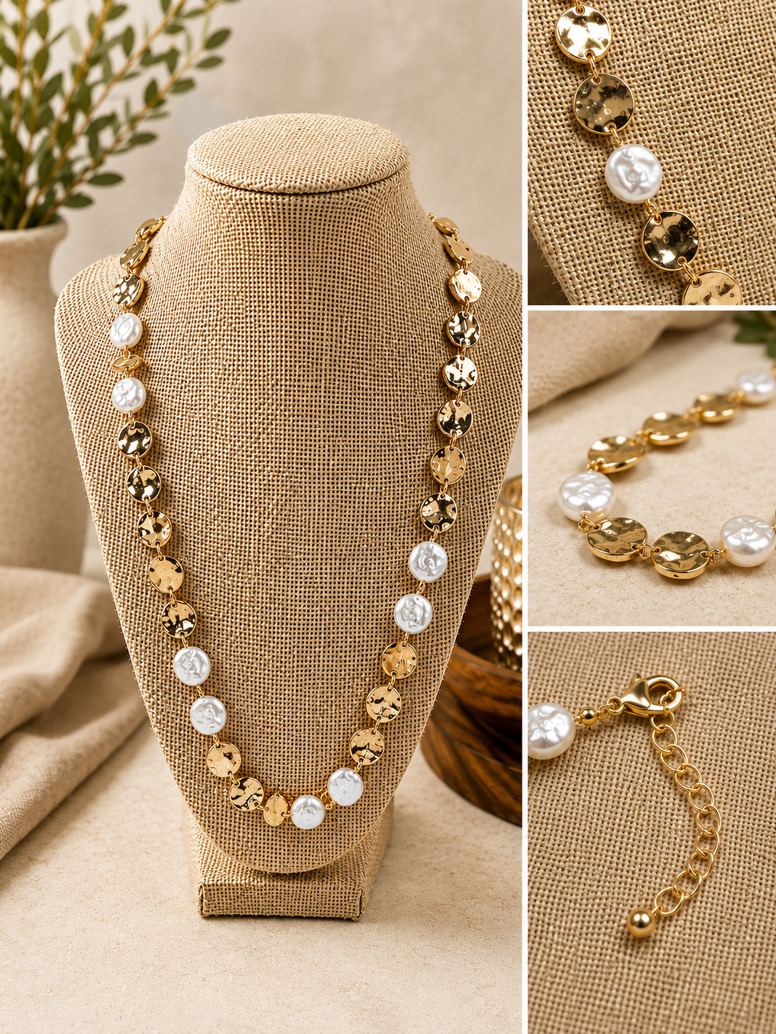 Hammered gold-tone disc accented with coin pearl details