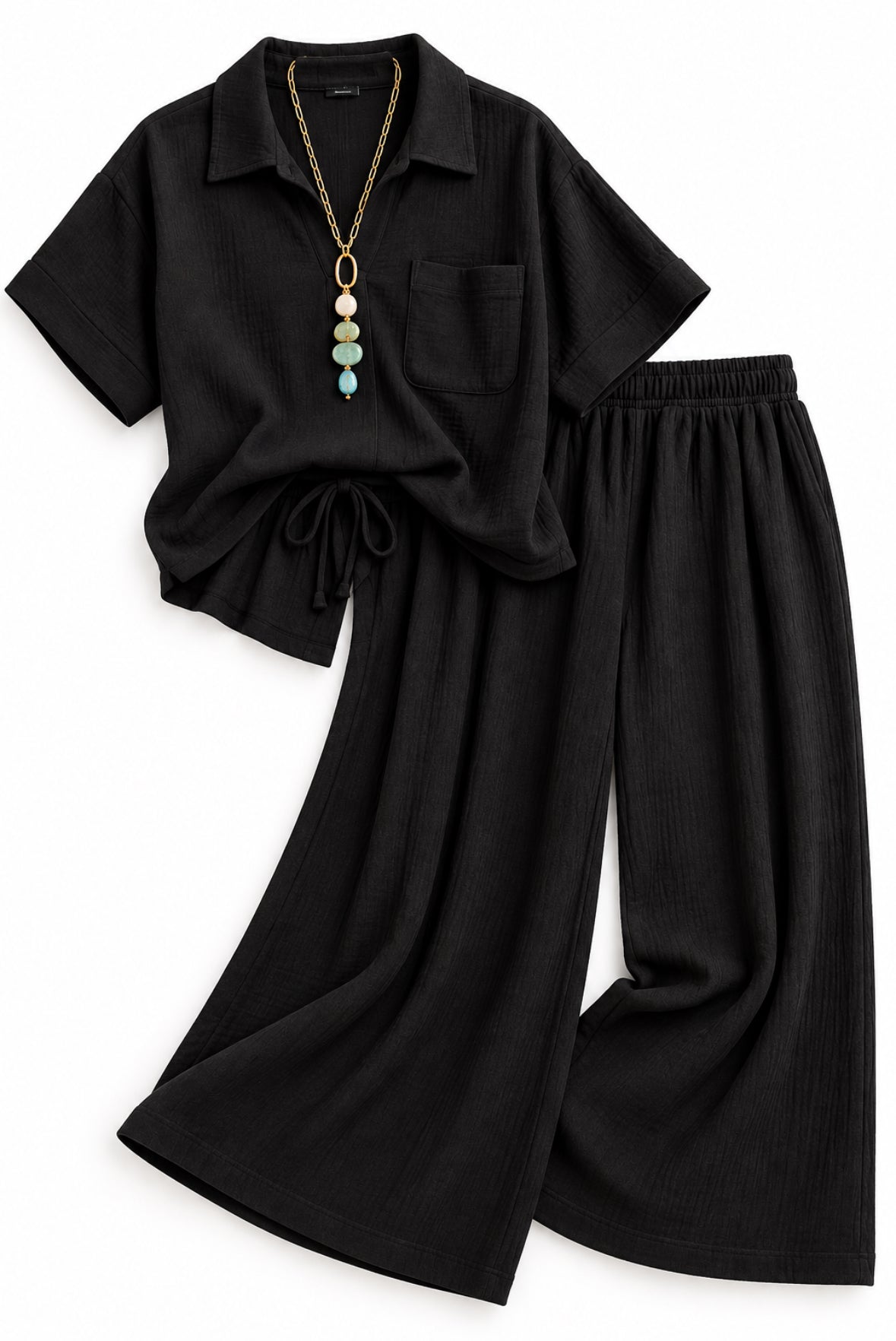 Black short sleeve top with pant
