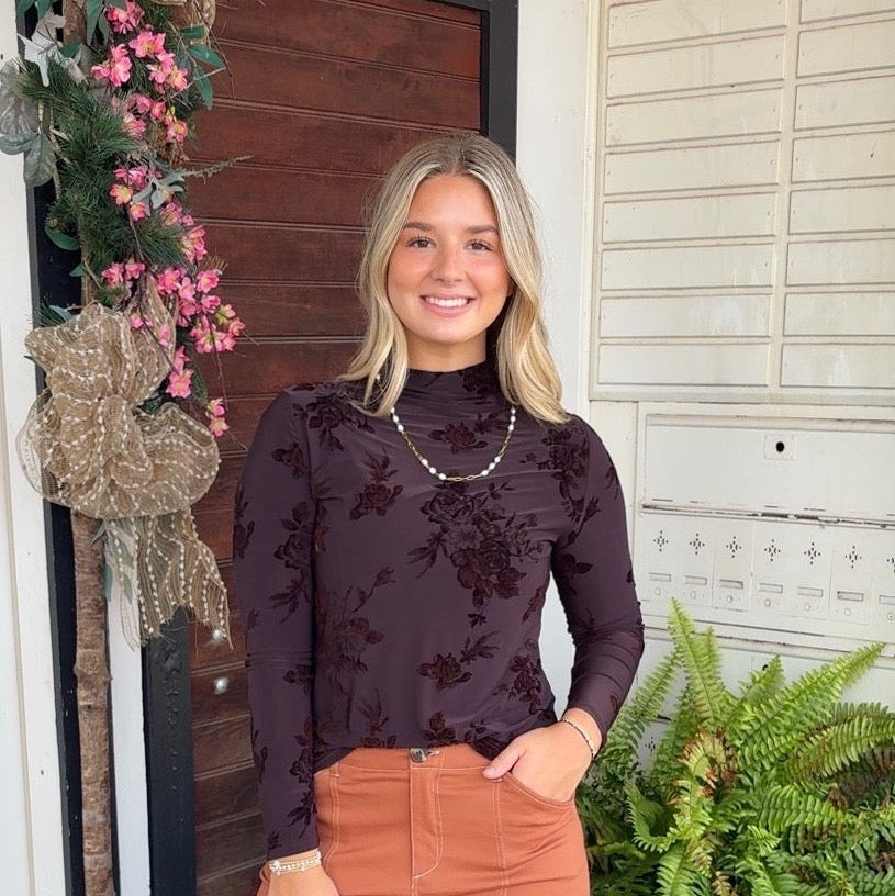 Brown Mesh Floral Top