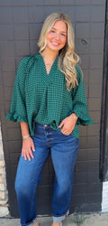 Navy and green ruffle sleeve shirt