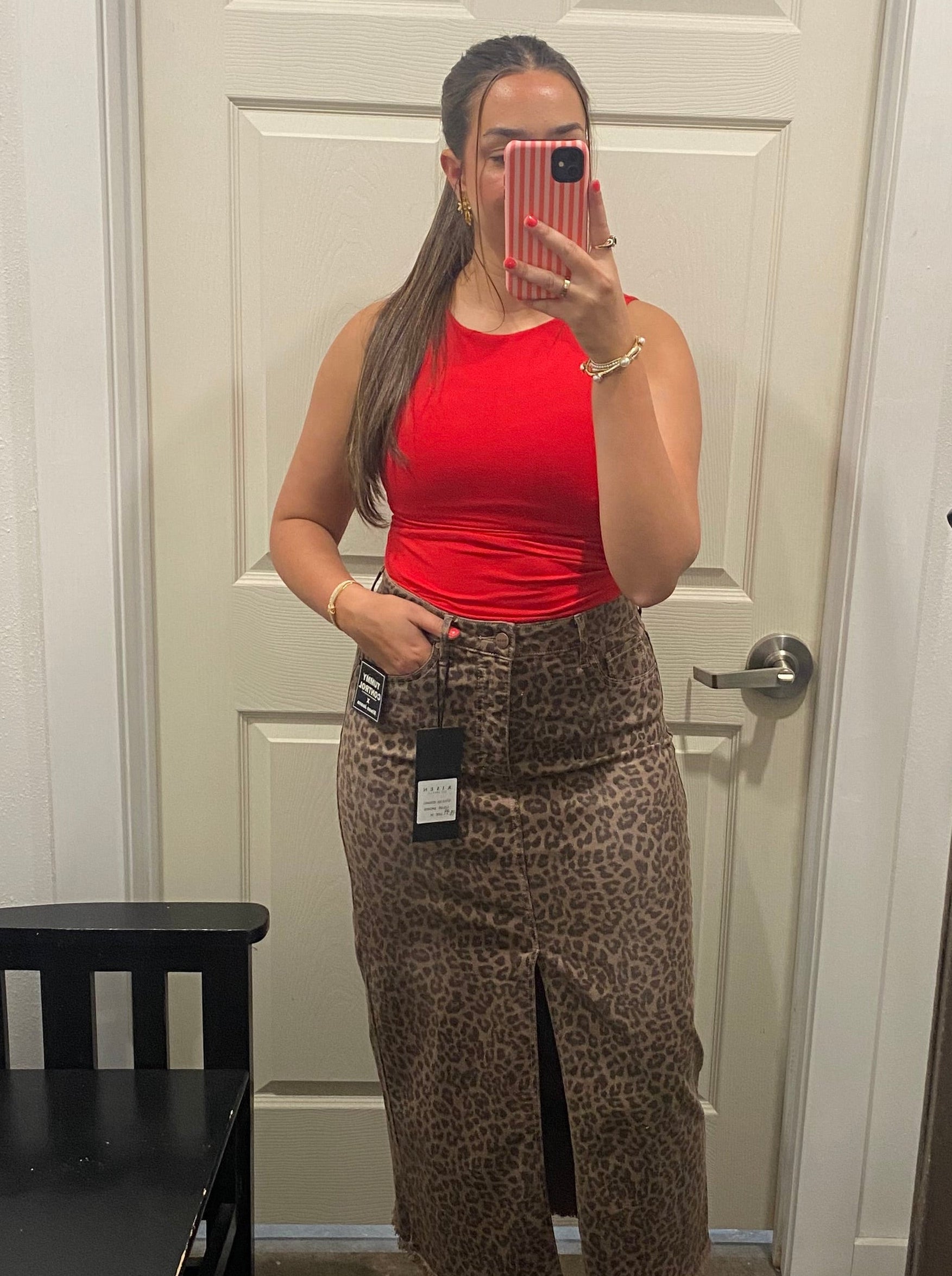 Leopard Denim Midi Skirt