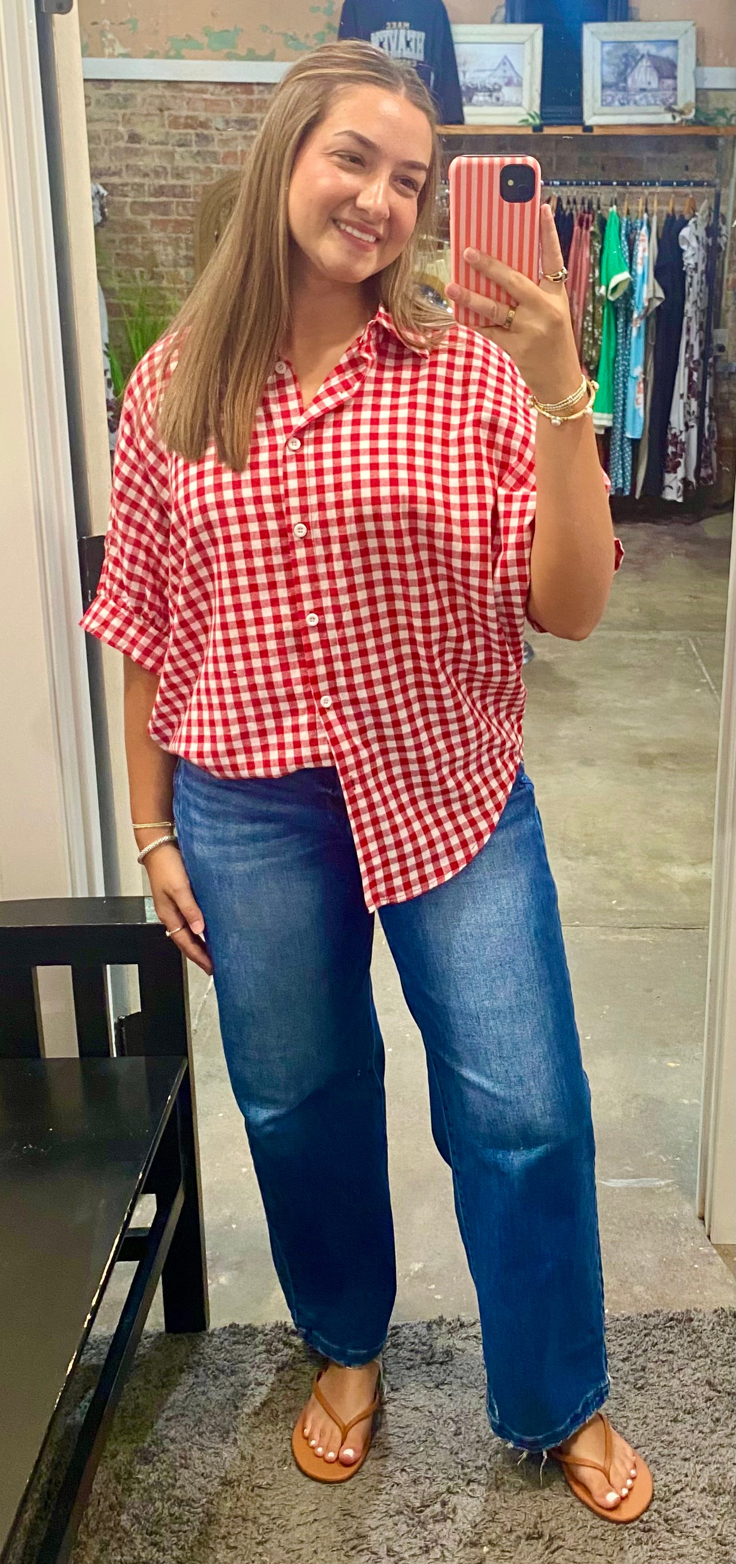 Red Gingham Button-Up