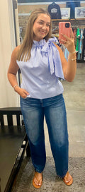 Blue and White Striped Bow Detail Top