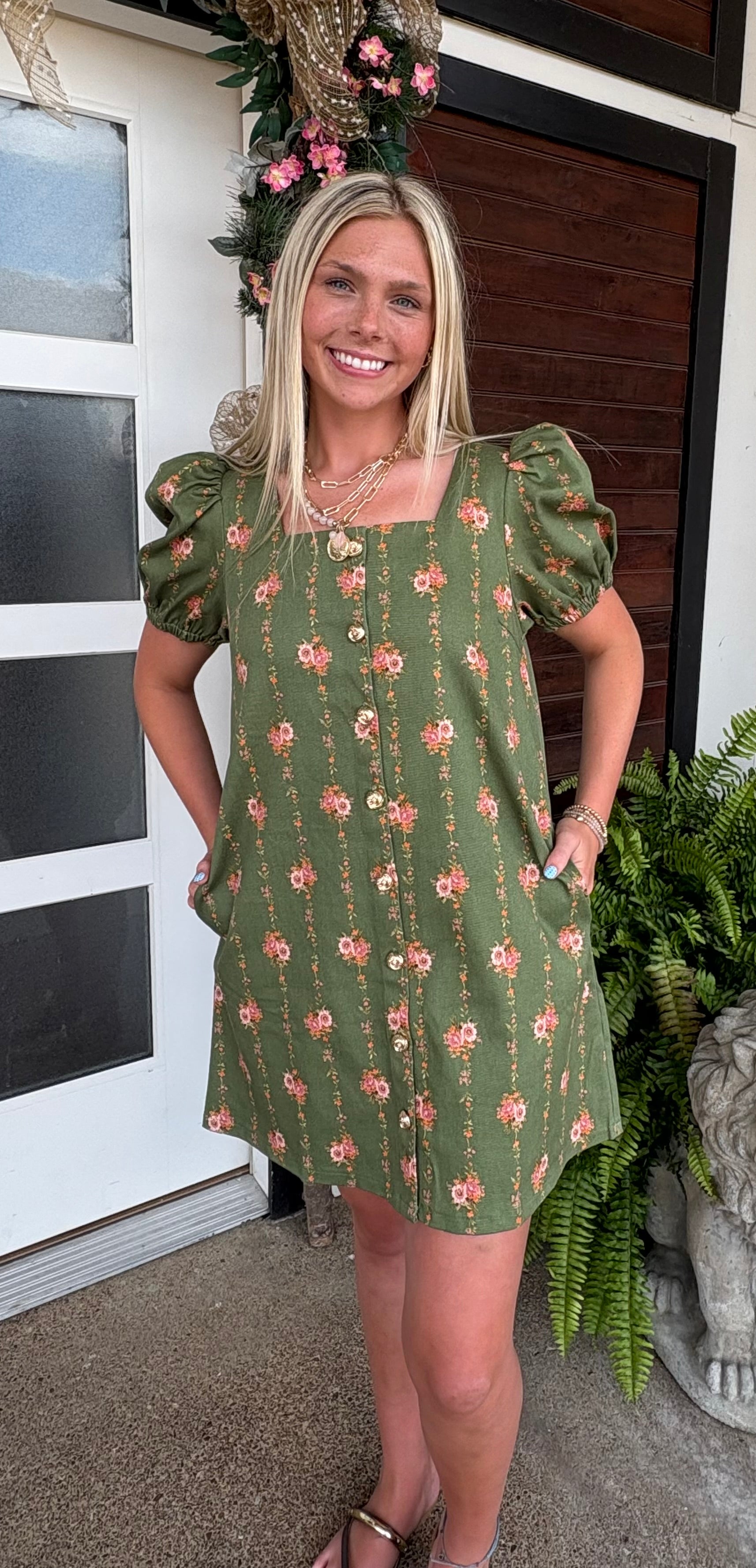Green Floral Denim Dress