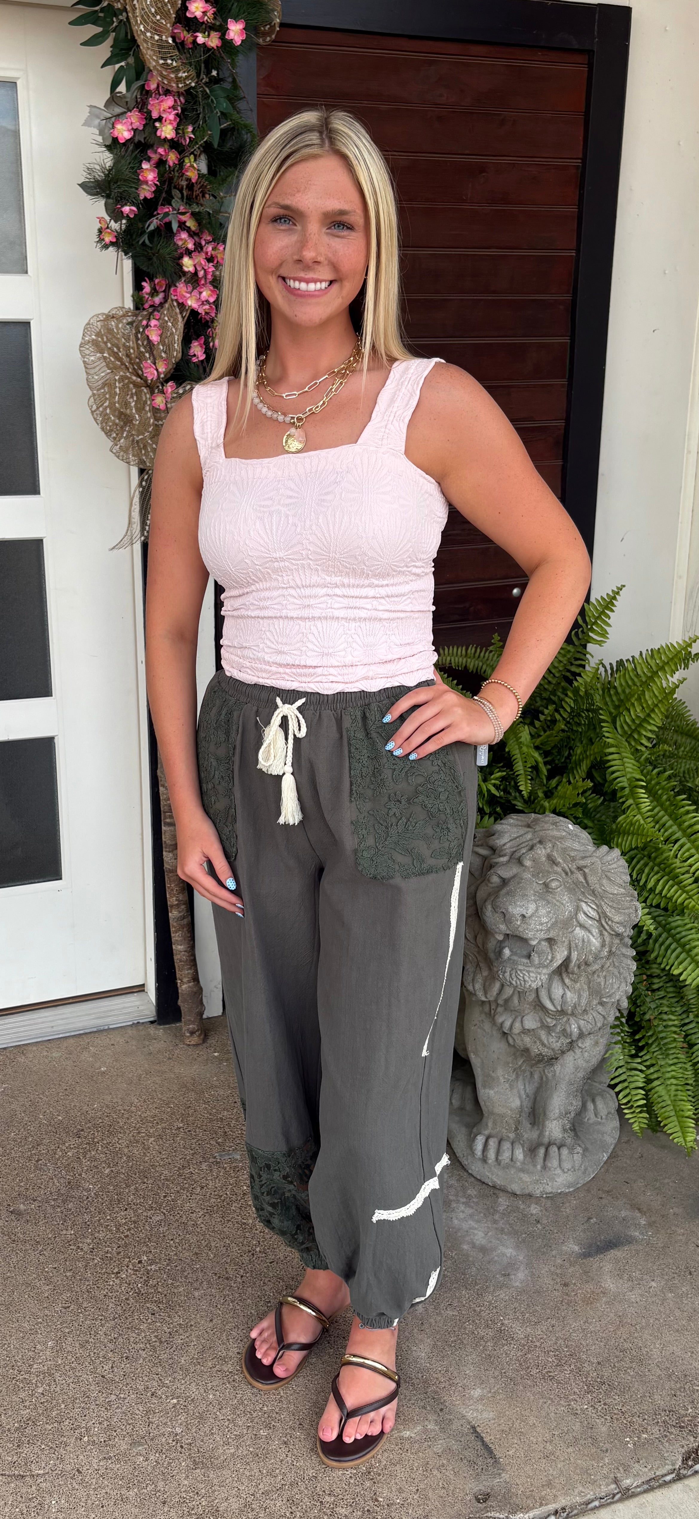 Olive Boho Lace Patch Pants