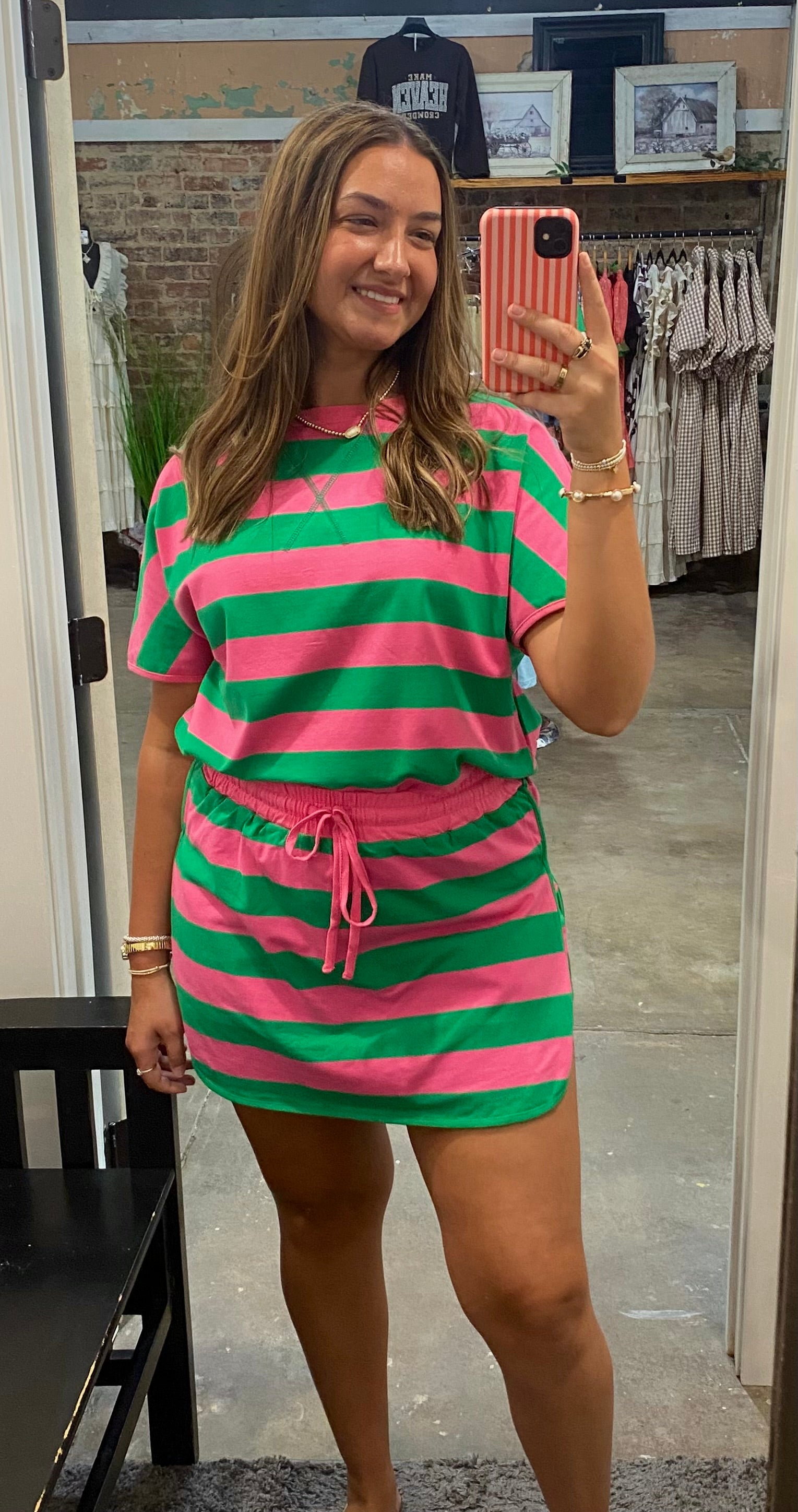 Pink & Green Striped Skort Set
