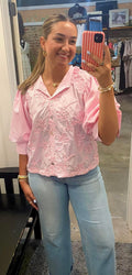 Pink Blossom Embroidered Button-Up