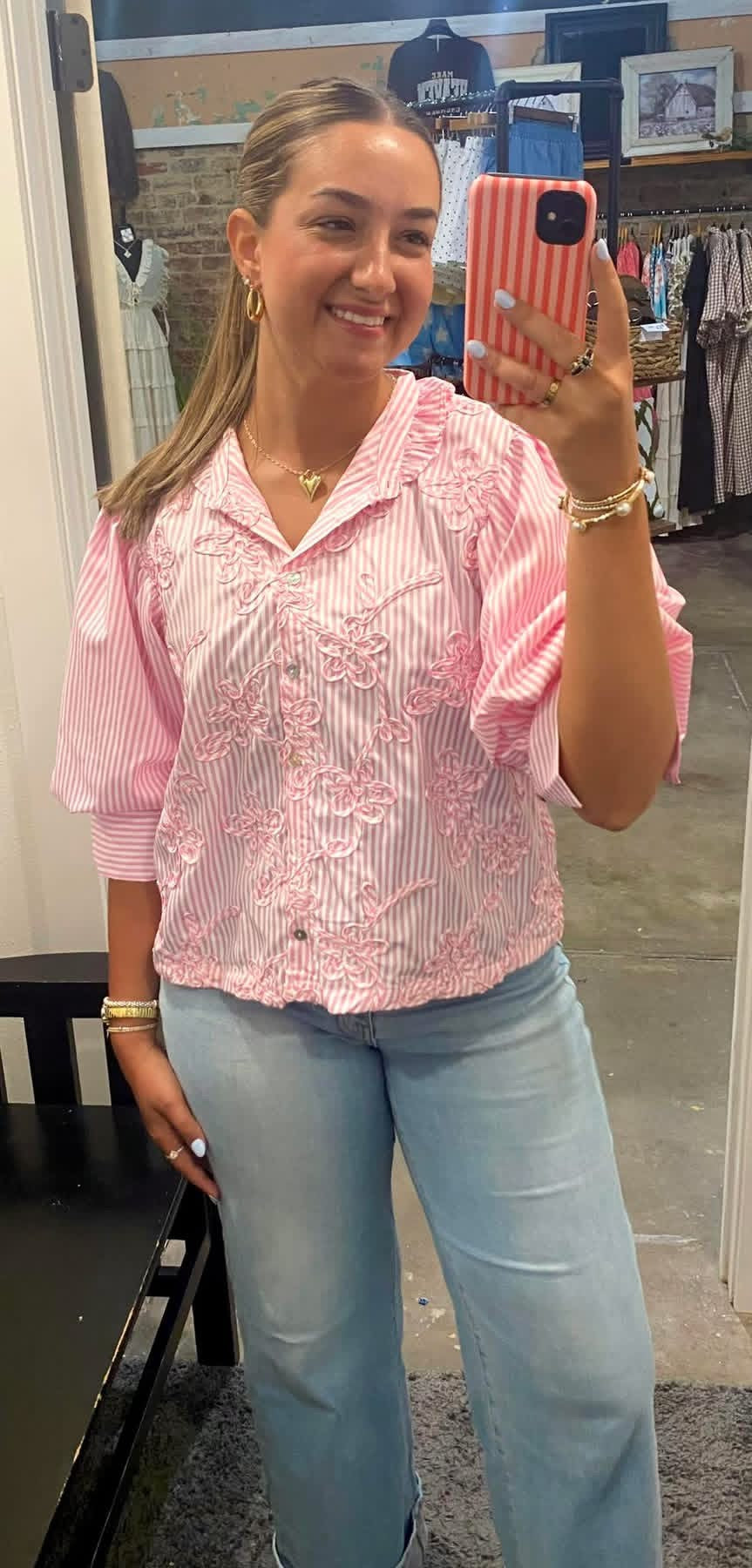 Pink Blossom Embroidered Button-Up